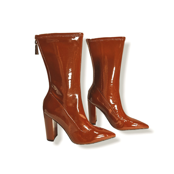 NWOB Guess Abbale Patent Pointed Toe Mid-Calf Block Heel Boots Sz. 7.5M Caramel - Picture 2 of 9